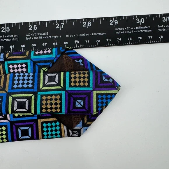 Robert Talbott Silk Tie Geometric Squares Pattern Purple Blue Green - Picture 5 of 6